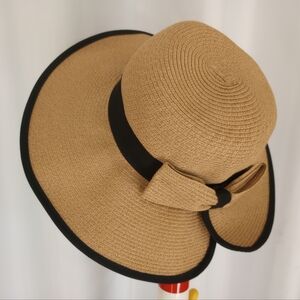 Elegant Tan Wide-Brim Straw Hat with Black Trim Foldable Small